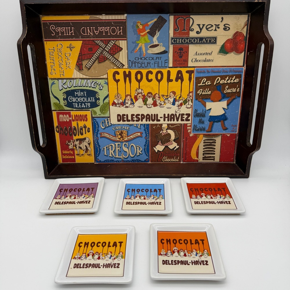 Pottery Barn Vintage Chocolate Advertisement Wooden Tray and 5 Coaster Set